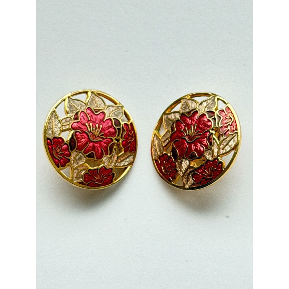Vintage Fish & Crown Gold Tone Red Enamel Openwork Floral Dome Clip On Earrings